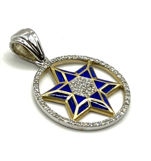 14K Gold & Diamond With Blue Enamel Star of David Round Necklace